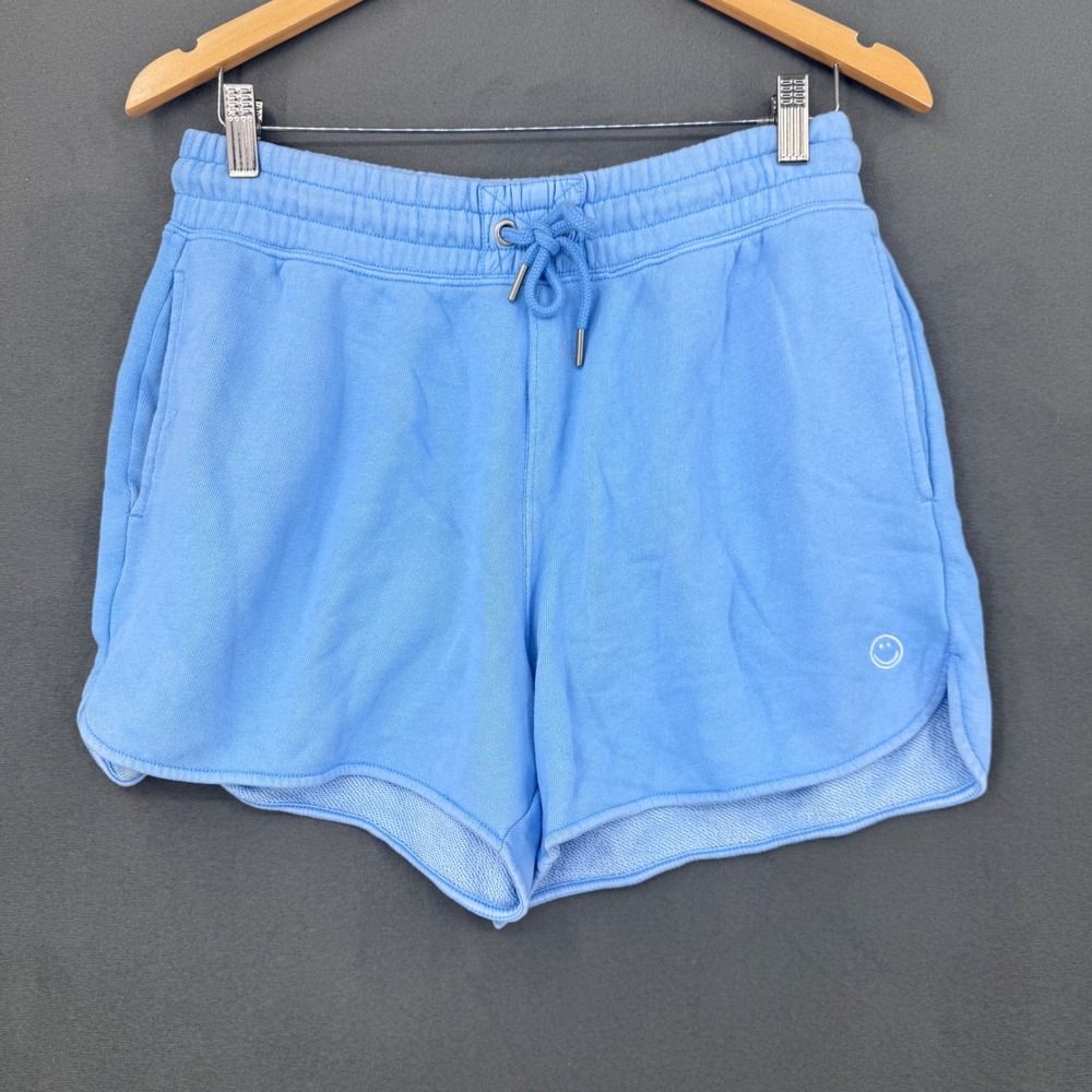 Aerie Sweat Shorts Womens Medium Blue Smiley Face Fleece Loungewear Athleisure